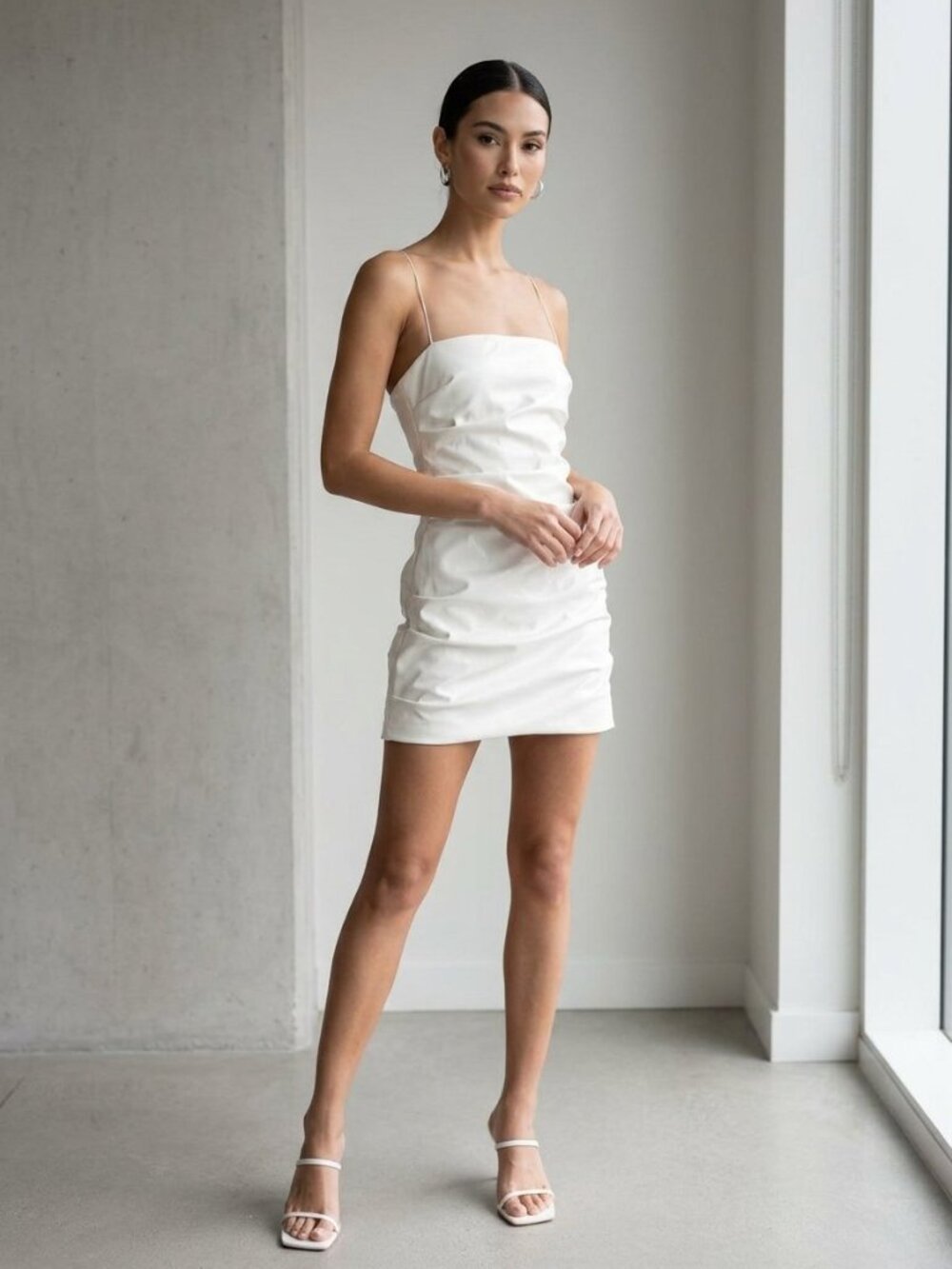 Old Sport Vegan Leather Ruched Mini Dress Gloss White Square Neck | Size XS